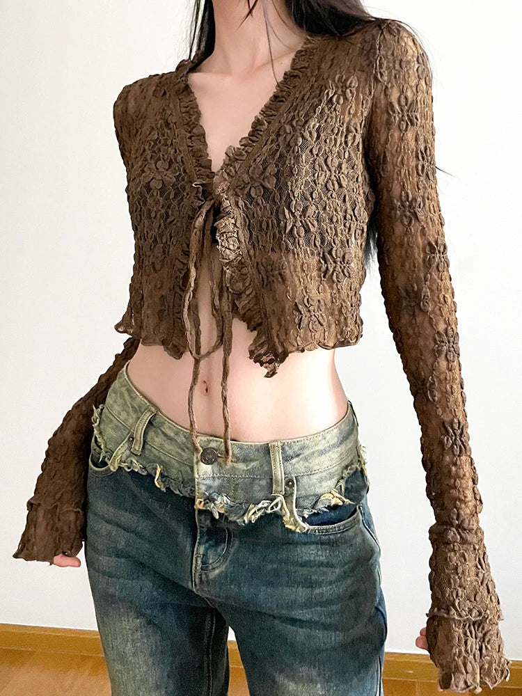 Voguable Brown Vintage Lace V-neck Tie-up Shirts for y2k Aesthetic Sweet Long Sleeve Crop Top Casual T Shirt Korean Style