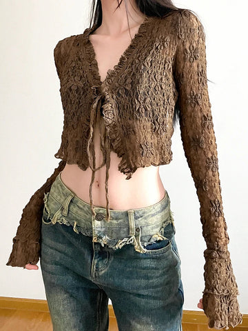 Voguable Brown Vintage Lace V-neck Tie-up Shirts for y2k Aesthetic Sweet Long Sleeve Crop Top Casual T Shirt Korean Style