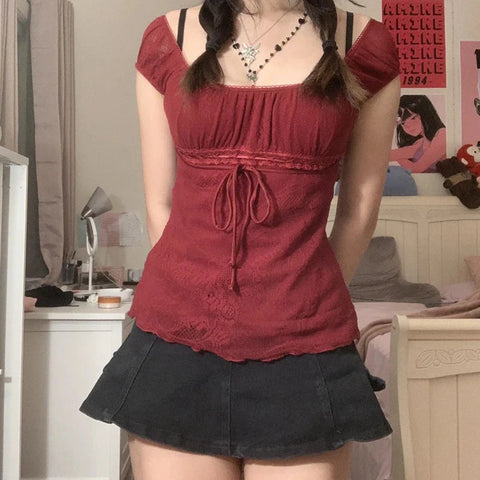 Elegant Lady Square Collar T-shirt Kawaii Bow Short Sleeve Pullovers Tees Y2K Vintage Fairy Grunge Crop Top Retro Clothes