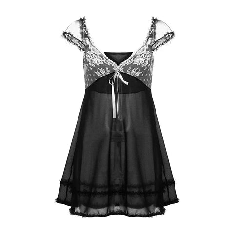 Kawaii Lace Patchwork Dress y2k V Neck Sleeveless A-line Mini Dresses with Bow 2000s Fairycore Grunge Dresses