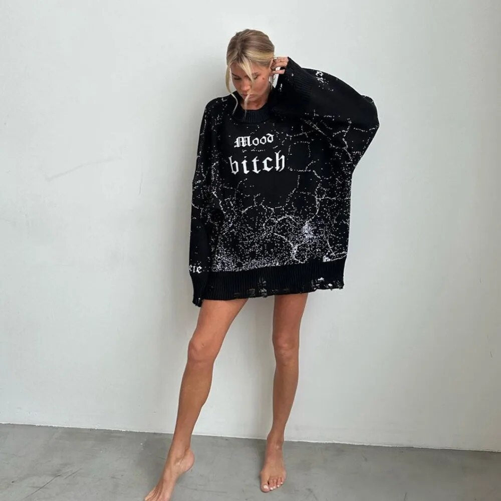 Sweater  and Winter Hollow Out Casual Loose Round Neck Printed Pullover Y2k Knit Tops for Women
