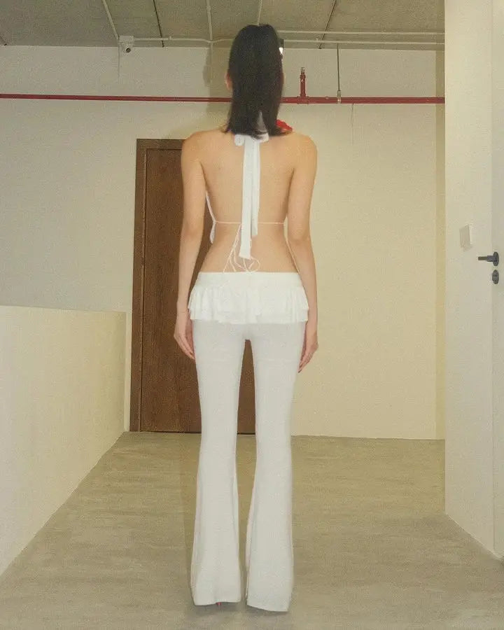 Voguable Solid Bow Lacing Patchwork Double Layer Ruffles Flare Pants Mid Rise Slim Trousers Hottie Y2K Streetwear