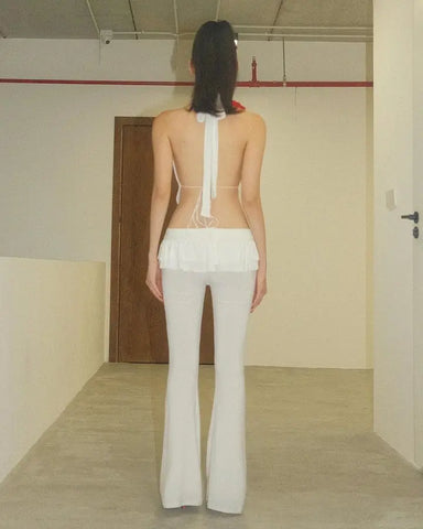 Voguable Solid Bow Lacing Patchwork Double Layer Ruffles Flare Pants Mid Rise Slim Trousers Hottie Y2K Streetwear