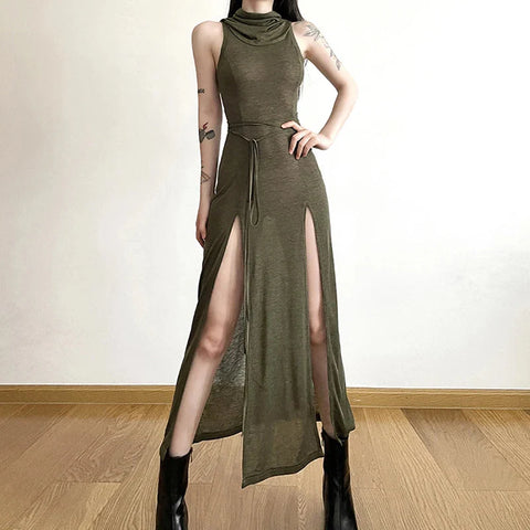 Wasteland Punk Dress y2k Solid Color Sleeveless Hollow Out Back Side Slit Hooded Dress 2000s Grunge Party Dresses