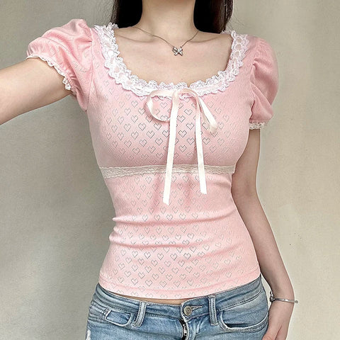 Voguable Coquette Aesthetic Jacquard Heart-shape T-shirt Y2K Japanese Kawaii Contrast Lace Stitching Bow Tops New