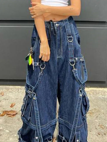 Y2k Bandage Cargo Jeans Punk Metal Blue Baggy Streetwear Pants Korean Grunge Aesthetic Jeans Stylish Vintage 90s