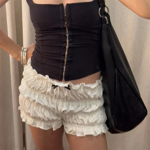 Ruffle Shorts Coquette Clothing 3D Bow Lettuce Trim Elastic Waist Tiered Bloomers Bottoms y2k Clothes Streetwear