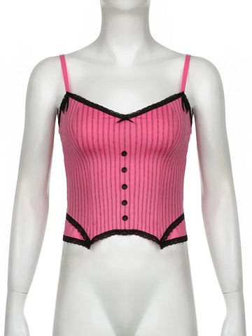 Sweet Bow Stitched Pink Crop Top Vintage y2k Patchwork Sleeveless Striped Print Tees Casual Basic Camisole Kawaii