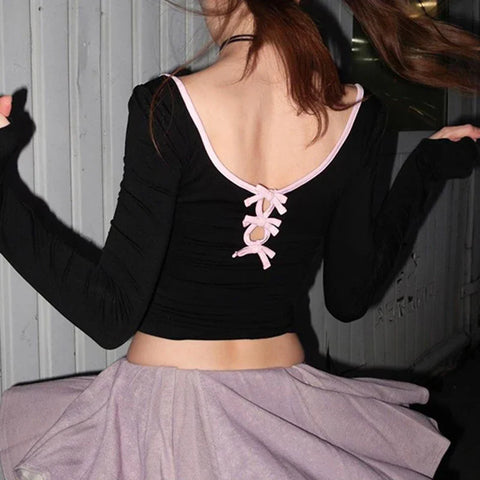 Voguable  Sweet Bow Contrast Patchwork Cropped Top Backless V-neck Slim-fit T-shirts Coquette Y2K Knitted Tees Women