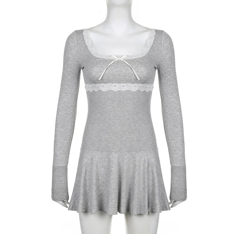 Voguable Lace Patchwork Knitted Mini Dresses Y2K Sweet Bow Bodycon Long Sleeve Pleated Dress Casual Korean Style
