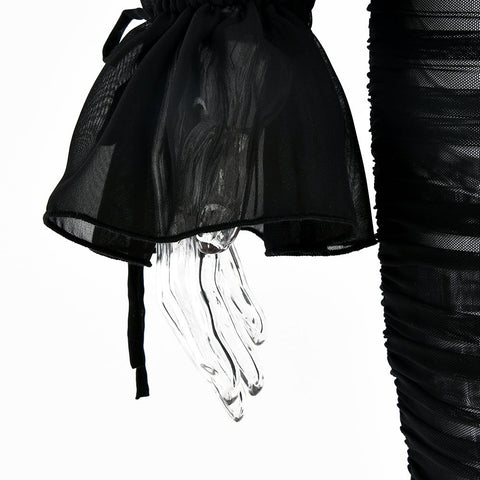 Voguable  Spaghetti Strap Long Lantern Sleeves Ruched Mini Dresses Woman Y2k Mesh Vintage Dress Club Party Vestidos