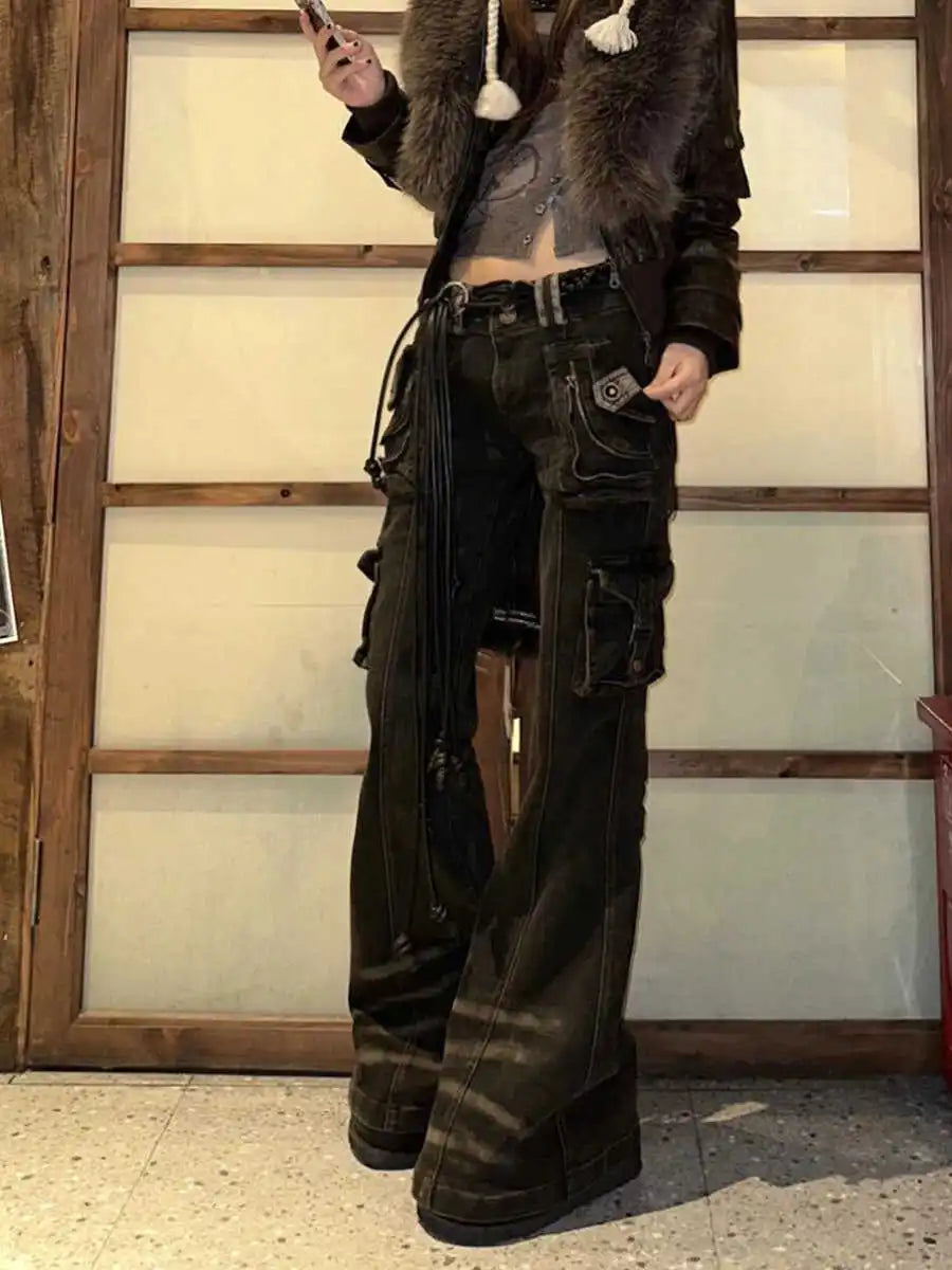 Korean Chic Jeans Grunge Japanese Harajuku Gyaru Y2K Denim Cargo Pants Cyber Punk Hip-pop 2000s Aesthetic Tomboy