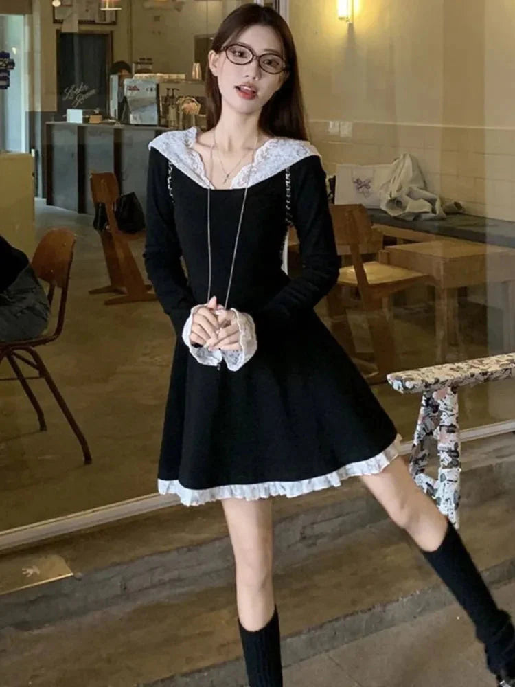 French Lace Patchwork Y2K Dress Hooded Long Sleeves Slim Waist A-Line Short Skirt Chic Vestidos