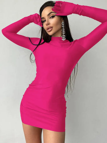 Solid Long Sleeve With Gloves Mini Dress Bodycon Streetwear Party Half Turtleneck Outfits Y2K Clothes Wholesale