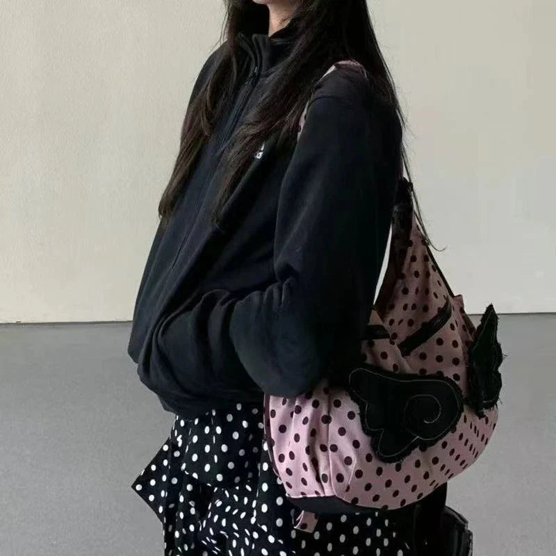 Streetwear Trendy Y2k Aesthetic Dots Wings Handbags Office Lady Shoulder Underarm Bag All Match Casual Backpacks