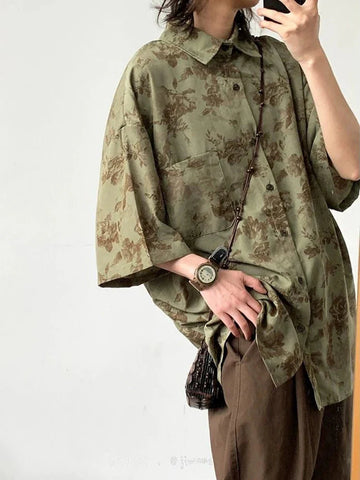 Harajuku Y2K Shirt Loose Vintage Print Streeetwear Blouse Oversize Half Sleeve FeCasual Retro Japan Bf Tops New