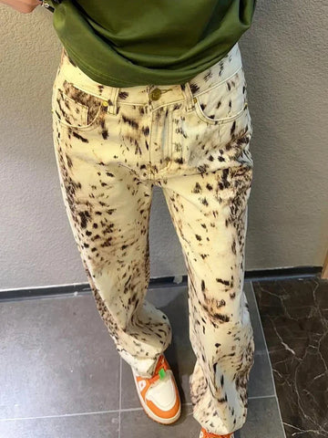 Baggy Wide Leg Jeans High Waisted Retro Leopard Print Straight Jeans High Street Streetwear Y2k Vintage Denim Trousers