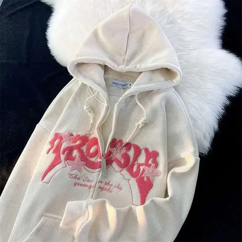 Y2K Letter Embroidered Hoodie Winter Vintage Zip Up Oversized Sweatshirt Harajuku Long Sleeve Hooded Jacket Clothes