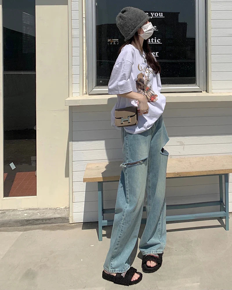 High Waist Ripped Straight Jeans Blue Denim Trousers Y2k Korean Clothing Streetwear Baggy Pants