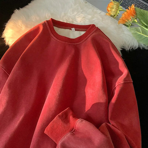American Washed Old Pullovers Sweatshirts Loose Solid Color Large Size Warm O Neck Tops Hip Hop Y2k Sweatshirt