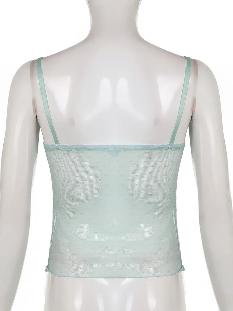 Voguable Polka Dots Lace Frill Mesh Camis Y2K Aesthetic V-neck Crop Top Backless See Through Corset Tops