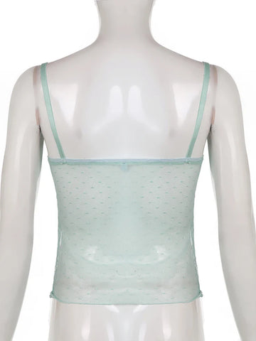 Voguable Polka Dots Lace Frill Mesh Camis Y2K Aesthetic V-neck Crop Top Backless See Through Corset Tops