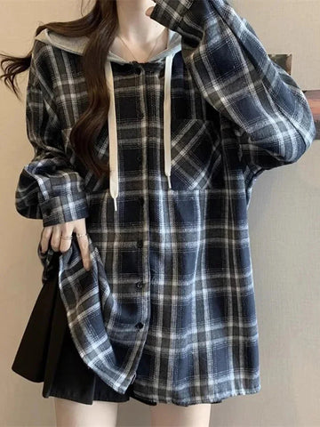 Vintage Plaid Hooded Shirt Oversize Long Sleeve Y2K Blouse American Casual Harajuku FeVintage Tops New
