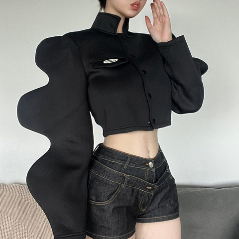 Streetwear Turtleneck Shirts For Long Sleeve Buttons Crop Tops Baggy Black Y2K Design Shirt Female