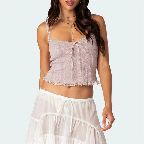 Lace Trim Tank Top Solid Color Spaghetti Strap Sleeveless Camisole with Bow y2k Aesthetic Clothes Clubwear