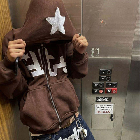 Voguable Star Letter Print Hoodie Zip Up Long Sleeve Oversized Jacket Coat Harajuku Gothic Hooded Sweatshirt Y2K Teen Clothes
