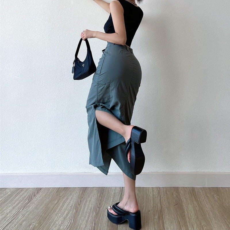 Casual Pocket Cargo Pencil Skirt Vintage Y2K All-match Solid Chic Side Slit Wrap Hip Long Skirt Streetwear