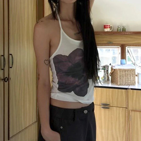Voguable  Vintage Flower Print Halter Top Y2K Aesthetic Sleeveless Tops Holiday Party Korean Style Coquette Camisole