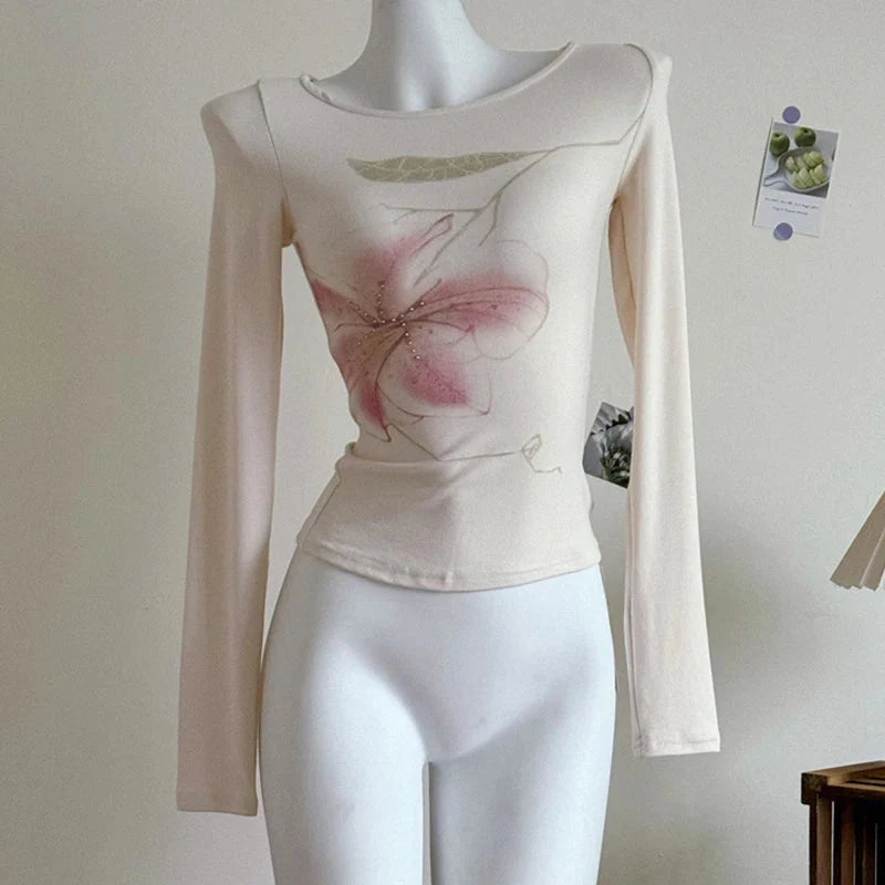 Fairy Coquette Top y2k Clothing Rhinestone Floral Print Round Neck Long Sleeve T Shirts 2000s Clothes Streetwear