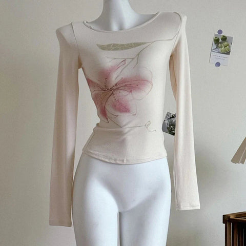 Fairy Coquette Top y2k Clothing Rhinestone Floral Print Round Neck Long Sleeve T Shirts 2000s Clothes Streetwear
