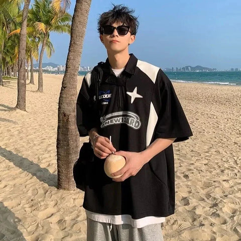 American Retro Short Sleeved Y2k Motorcycle Style Polo Collar Simple Versatile Loose Vintage Couple T-shirt Casual Top