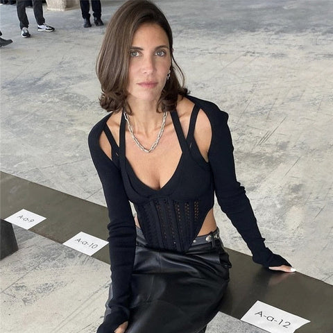 Halter Crop Top Long Sleeve Cut Out T Shirt Y2k V Neck T Shirts Crop Cami Top Bustier Corset Tank Camisole Tops