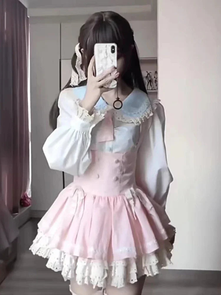 Voguable Kawaii Japanese Style 2 Piece Set Casual Blouse + Sweet Pink Y2k Mini Skirt Lace Lolita Suit Woman Design New