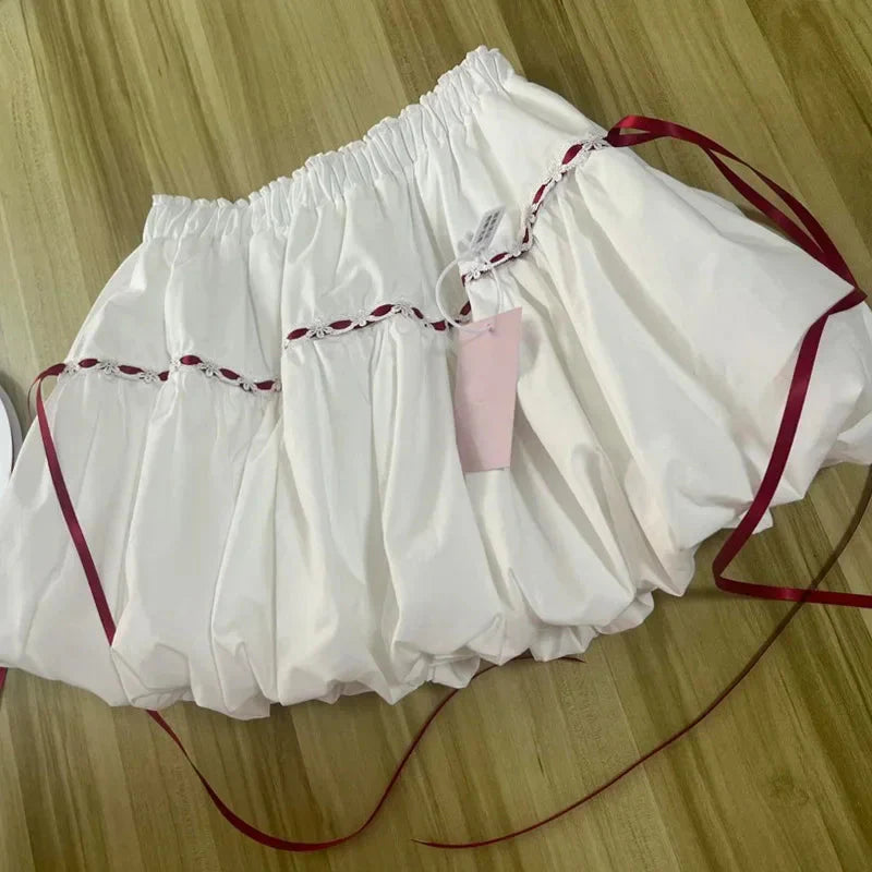 White Lace Up Mini Skirt High Waist All Match Bud Skirts Y2K Korean Sweet Preppy Patchwork A Line Skirts New