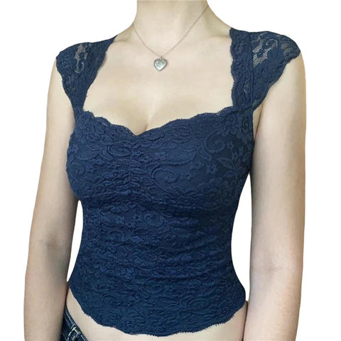 Lace Crop Top y2k Aesthetic Clothes Sweet Style V Neck Sleeveless T Shirt Tanks Kawaii E Girl Clothes Streetwear