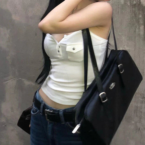 y2k Tops Solid Color Button Front Spaghetti Strap Sleeveless Camisole with Pocket Decor 2000s Vest Streetwear
