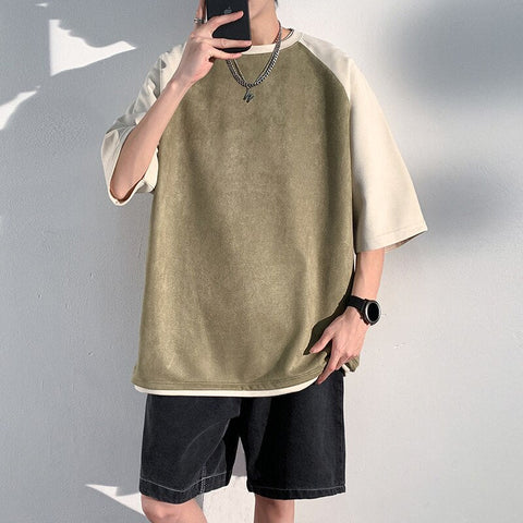 Baggy Short Sleeved Suede T-shirt  Versatile Color Matching Casual Tshirt Tops Trend Y2k Tees