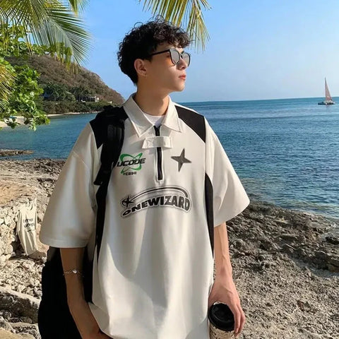 American Retro Short Sleeved Y2k Motorcycle Style Polo Collar Simple Versatile Loose Vintage Couple T-shirt Casual Top