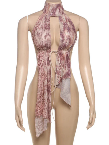 Elegant Leopard Print Backless Camisole Y2K Shirring Ruched Halter Sleeveless Party Trend Slim Vest