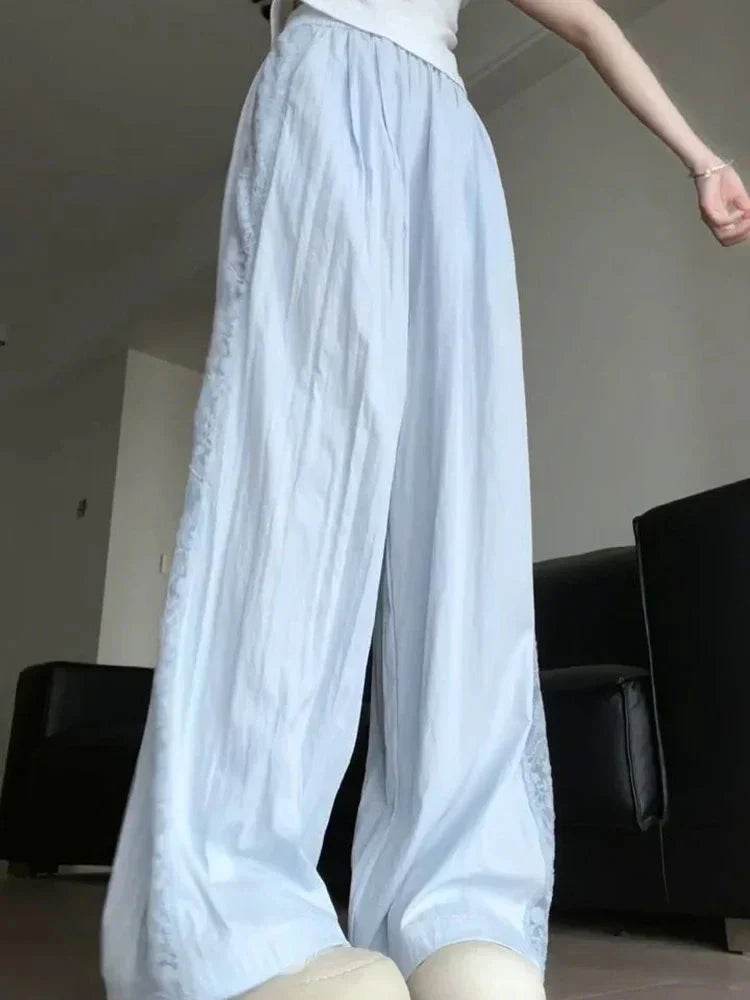 Sweet Lace Patchwork White Pants Y2K High Waist Preppy Thin Wide Leg Pants Korean Chic Loose Jogging Quick Drying Trousers New
