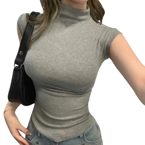 y2k Crop Tops Vest Solid Color Mock Neck Sleeveless Stretchy T Shirts 2000s Aesthetic Clothing Streetwear