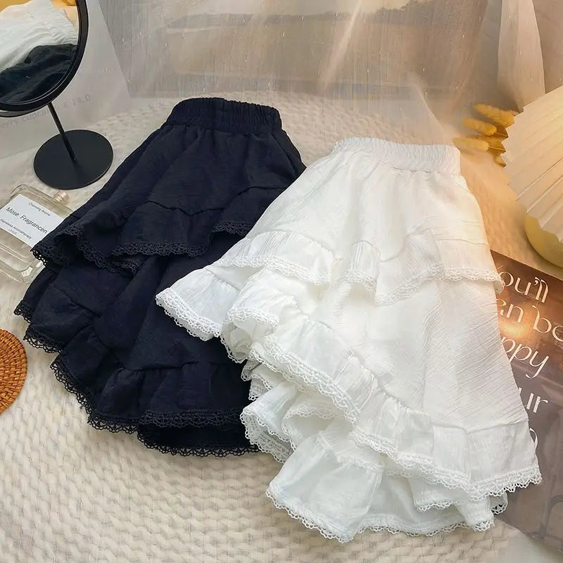Voguable Elastic Waist White Black Irregular Mini Kawaii Skirt Japanese Style School Y2k Aesthetic Ruffles Short Skirt Streetwear