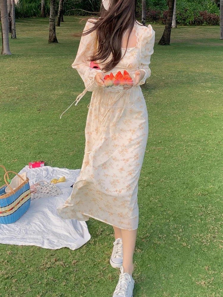 Voguable Elegant Y2K Midi Dress Casual Lace One Piece Dress Korean Sweet Vintage Floral Dress Party Long Sleeve