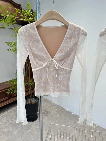 Coquette Aesthetic Mesh T Shirts Vintage V Neck Lace Bow Cropped Tops Y2k Slim Fit Long Sleeve Tee Shirts