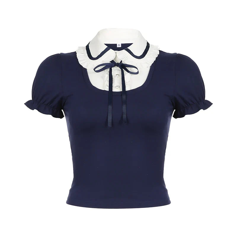 Voguable Preppy Style Contrast Patchwork Bow Peter Pan Collar Top Cute Puff Sleeve T-shirt Y2K