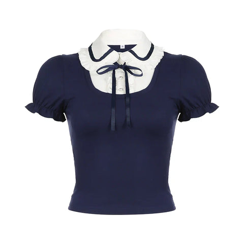 Voguable Preppy Style Contrast Patchwork Bow Peter Pan Collar Top Cute Puff Sleeve T-shirt Y2K